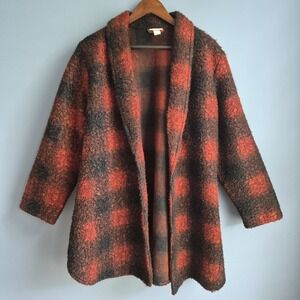 Ava‎ & Viv Orange Black Buffalo Plaid Boucle Open Front Cardigan Coat Plus 1X